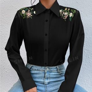 Flower embroidered button down shirt